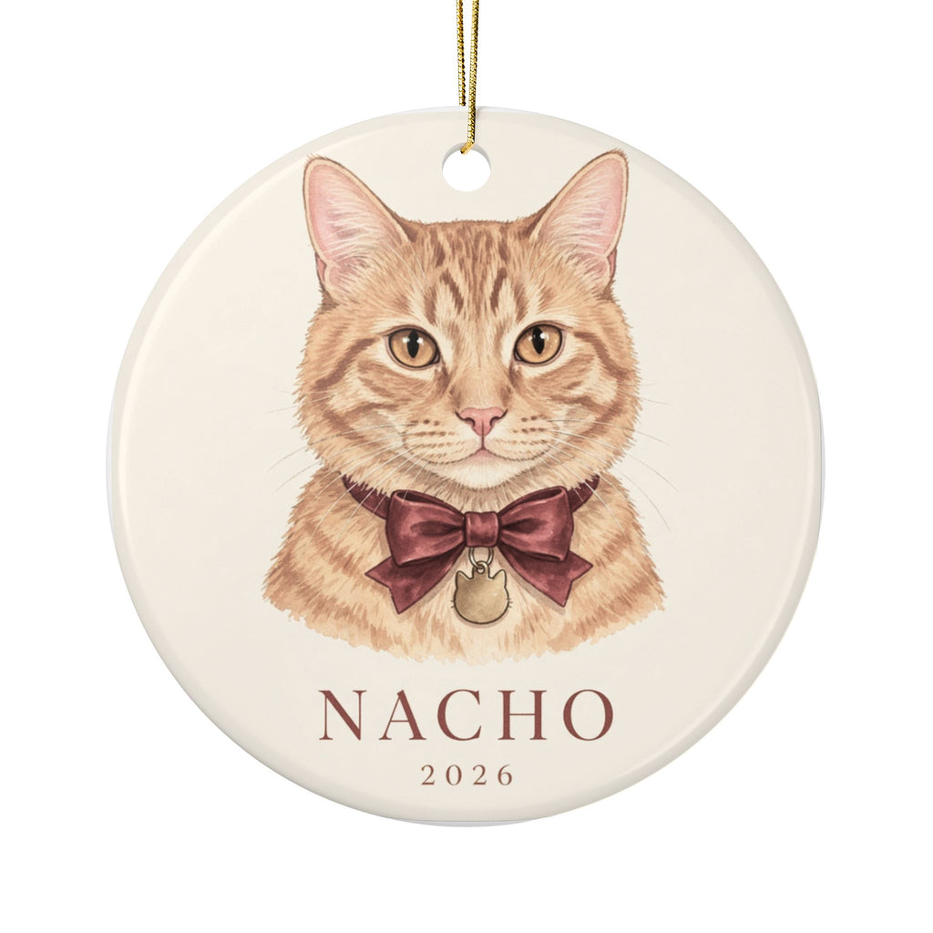 Round ceramic ornament with illustrated pet portrait