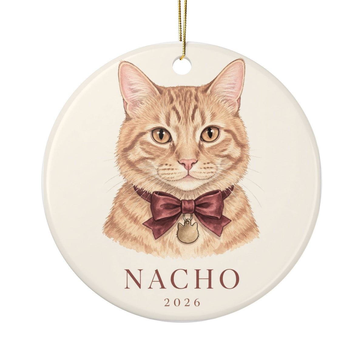 Round ceramic ornament with illustrated pet portrait