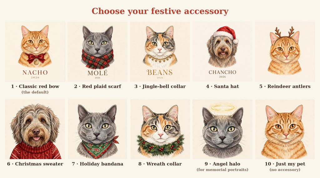 The 10 festive accessory options on Pawkeep's model pets