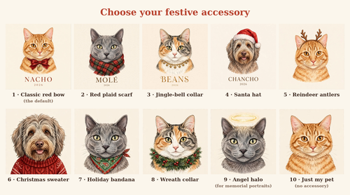 The 10 festive accessory options on Pawkeep's model pets