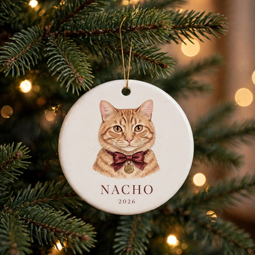 Custom pet portrait ornament hanging on a Christmas tree