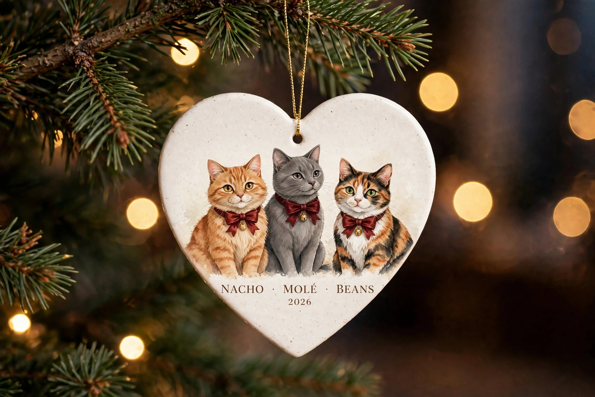 Three pets together on one heart ornament — Nacho, Molé & Beans