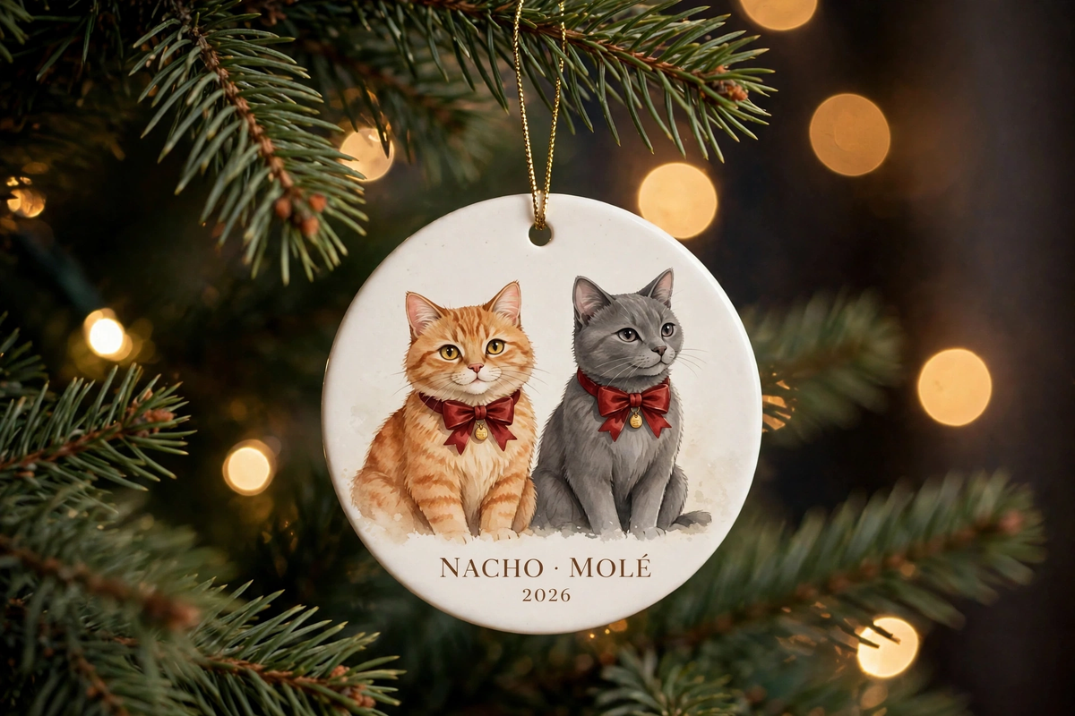 Two pets together on one round ornament — Nacho & Molé