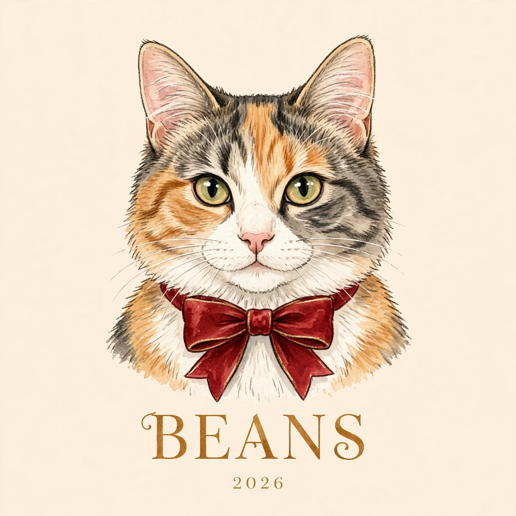 Sample illustrated portrait - Beans the calico cat